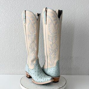 Lane SANDAGA Knee High Womens Cowboy Boots Blue Ostrich Western Tall Size 7.5
